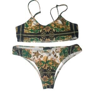 Pretty Little Thing Green Shell Chain Print Scoop Neck Bikini MISMATCH SIZES